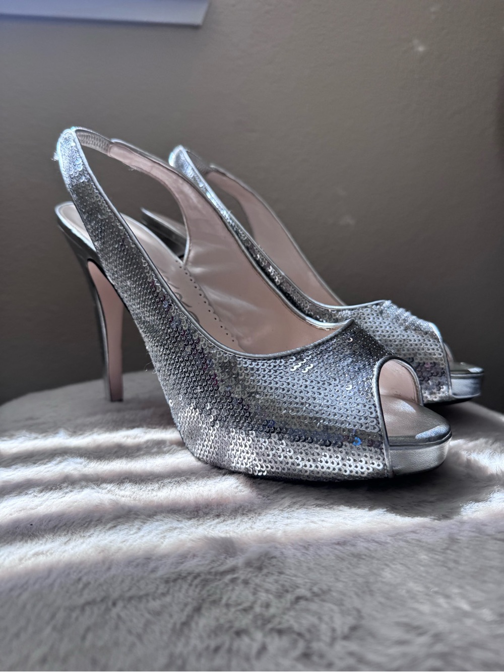 Caparros Silver Sequin Peep-Toe Slingback Heels